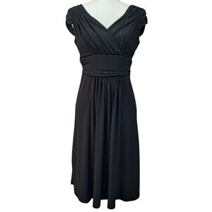 Ralph‎ Lauren CHAPS M Black Midi Cocktail Dress Crossover Bodice Ruched Waist